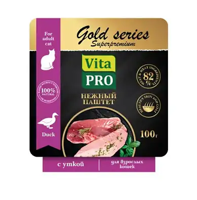 Vita Pro Gold Series Superpremium влажный корм для взрослых кошек паштет с уткой, в ламистерах