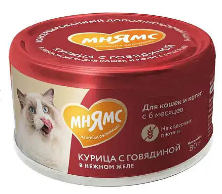 Купить Мнямс Влажный дополнительный корм На каждый день для кошек и котят старше 6 месяцев "курица с говядиной в нежном желе"