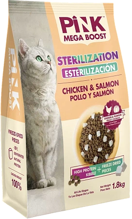 Купить pink mega boost "sterilized" сухой корм для стерилизованных кошек всех возрастов, Курица с лососем, 2 гранулы