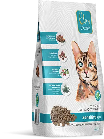 Купить clan classic sensitive-33/14 сухой корм для кошек с чувствительным пищеварением, атлантическая рыба/индейка