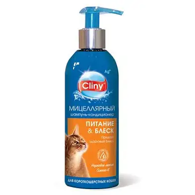 Cliny шампунь-кондиционер "Питание и блеск" для короткошерстных кошек