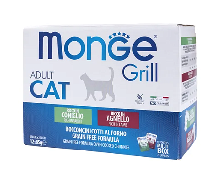 Купить monge cat grill влажный корм для взрослых кошек с кроликом, с ягненком, бокс с паучами