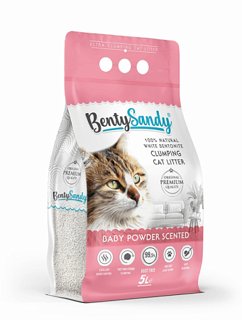 Купить bentysandy baby powder наполнитель для кошачьего туалета комкующийся, глиняный, с ароматом детской присыпки