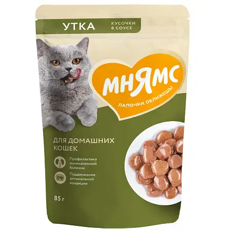 Купить Мнямс влажный корм для домашних кошек кусочки в соусе с уткой (пауч)