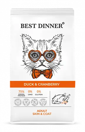 Купить best dinner сухой корм для взрослых кошек для ухода за кожей и шерстью с уткой и клюквой