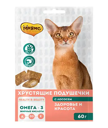 Купить Мнямс Лакомство хрустящие подушечки для кошек "Здоровье и красота", с лососем