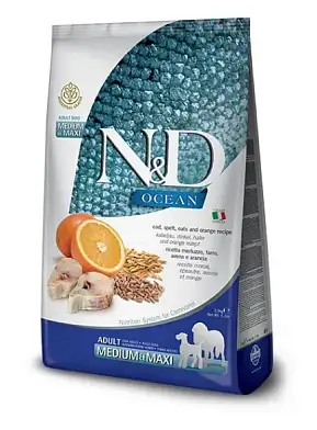 Farmina N&D Ocean Dog Godfish, Spelt, Oats & Orange Adult Medium & Maxi сухой низкозерновой корм для взрослых собак средних и крупных пород с треской и апельсином