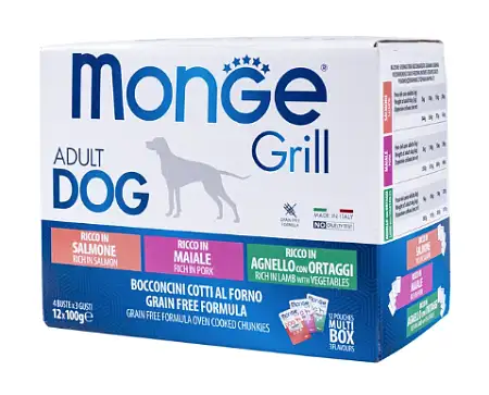 Купить monge dog grill влажный корм для собак с лососем, со свининой, с ягненком и овощами, бокс с паучами
