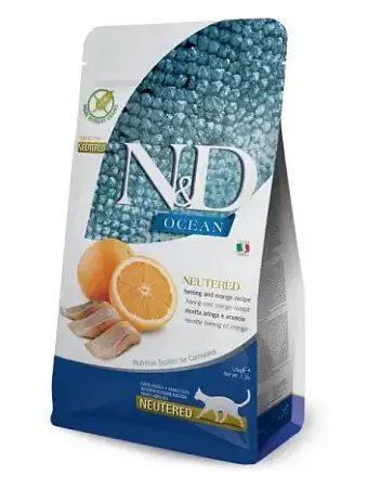 Купить farmina n&d ocean cat herring and orange neutered adult сухой беззерновой корм для стерилизованных кошек с сельдью и апельсином