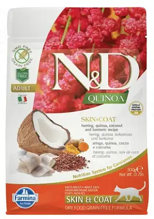 Купить farmina n&d quinoa cat grain free skin & coat herring сухой беззерновой корм для взрослых кошек для кожи и шерсти с сельдью и киноа