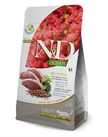 Купить farmina n&d quinoa cat neutered duck сухой беззерновой корм для стерилизованных кошек и кастрированных котов, с уткой, киноа, брокколи и спаржей