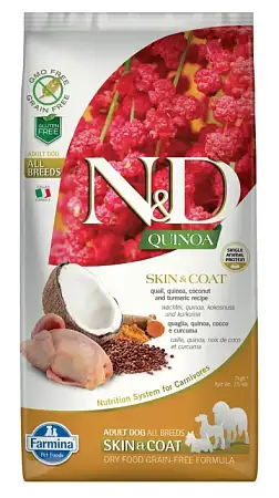 Купить farmina n&d quinoa dog grain free skin & coat quail сухой беззерновой корм для взрослых собак для кожи и шерсти с перепелом и киноа