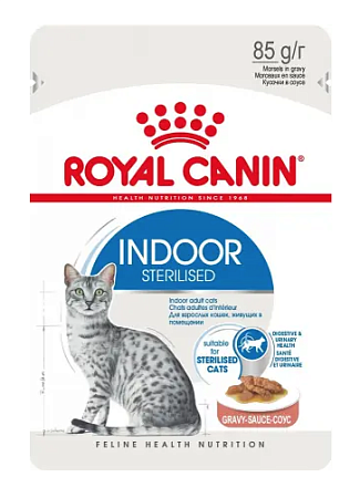 Купить royal canin indoor sterilised влажный корм для взрослых стерилизованных кошек, живущих в помещении, кусочки в соусе (пауч)
