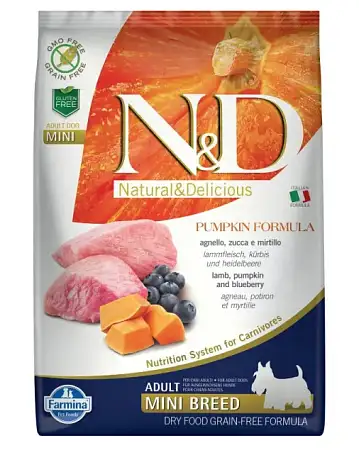 Купить farmina n&d pumpkin dog grain free lamb & blueberry adult mini сухой беззерновой корм для взрослых собак мелких пород с ягненком, черникой и тыквой