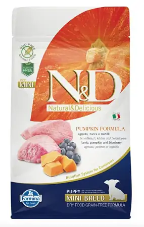 Купить farmina n&d pumpkin dog grain free lamb & blueberry puppy mini сухой беззерновой корм для щенков мелких пород с ягненком, черникой и тыквой