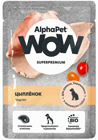 Купить alphapet wow superpremium влажный корм для щенков, беременных и кормящих собак паштет с цыплёнком (пауч)