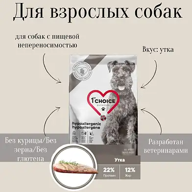 1st Choice GF Hypoallergenic сухой беззерновой гипоаллергенный корм для взрослых собак всех пород с уткой