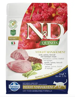 Farmina N&D Quinoa Cat Grain Free Weight Management Lamb сухой беззерновой корм для взрослых кошек для контроля веса с ягненком и киноа