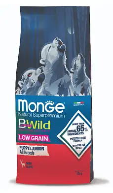 Monge Dog BWild LOW GRAIN Puppy & junior сухой низкозерновой корм для щенков всех пород из мяса оленя