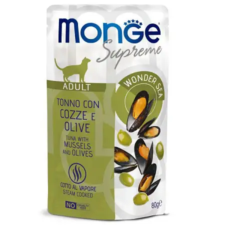 Купить monge supreme adult cat влажный корм для взрослых кошек с тунцом, мидиями и оливками (пауч)