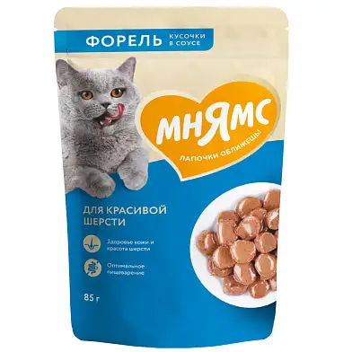 Мнямс влажный корм для красивой шерсти кошек кусочки в соусе с форелью (пауч)