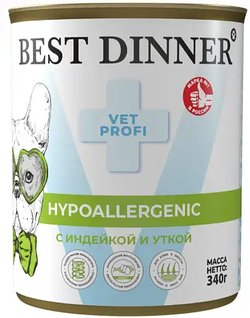 Купить best dinner vet profi hypoallergenic консервы для взрослых собак и щенков с 6 месяцев для профилактики пищевой аллергии с индейкой и уткой