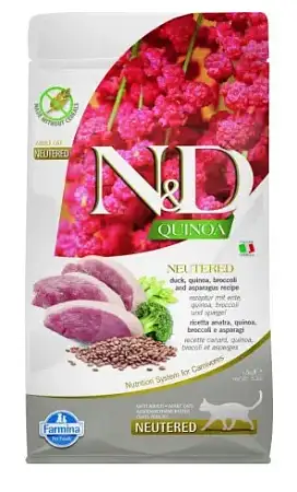 Купить farmina n&d gf quinoa duck, broccoli & asparagus neutered adult низкозерновой корм для взрослых стерилизованных кошек с уткой, брокколи, спаржей и киноа