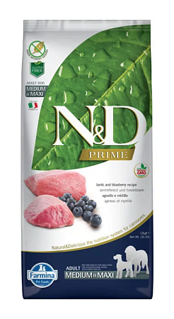 Купить farmina n&d prime dog grain free lamb & blueberry adult medium & maxi сухой беззерновой корм для взрослых собак крупных и средних пород с ягненком и черникой