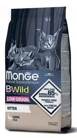 Купить monge cat bwild low grain сухой низкозерновой корм для котят с мясом гуся