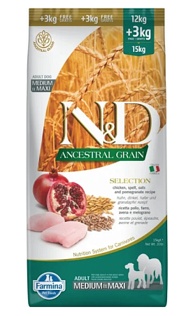 Купить farmina n&d ancestral grain dog chicken & pomegranate adult medium & maxi сухой низкозерновой корм для взрослых собак средних и крупных пород с курицей и гранатом