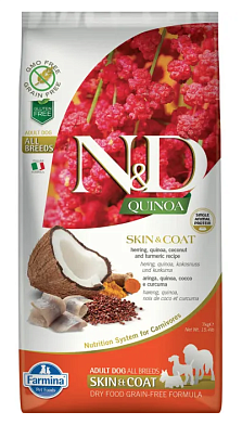 Farmina N&D Quinoa Dog Grain Free Skin & Coat сухой беззерновой корм для взрослых собак для кожи и шерсти с сельдью и киноа