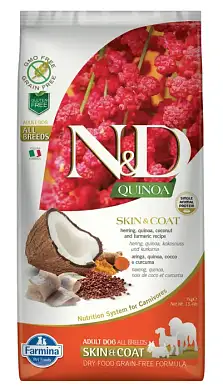 Farmina N&D Quinoa Dog Grain Free Skin & Coat сухой беззерновой корм для взрослых собак для кожи и шерсти с сельдью и киноа