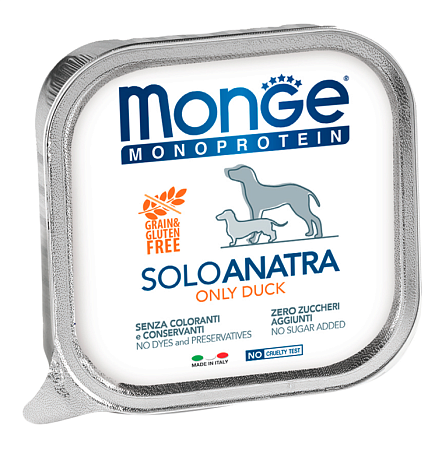 Купить monge dog monoprotein solo влажный корм для взрослых собак, паштет из утки (ламистер)