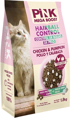 Pink MEGA BOOST "Hairball Control" сухой корм для кошек всех возрастов, вывод шерсти, Курица с тыквой, 2 гранулы