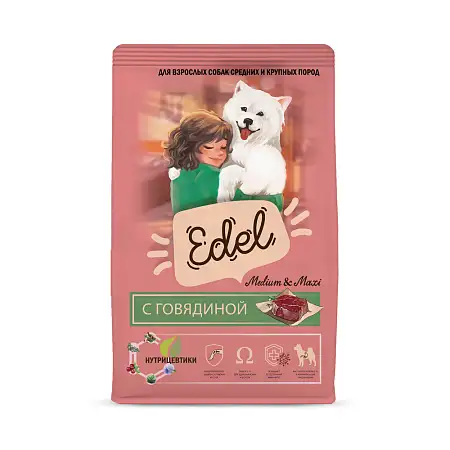 Купить edel adult medium & maxi beef сухой корм для взрослых собак средних и крупных пород с говядиной