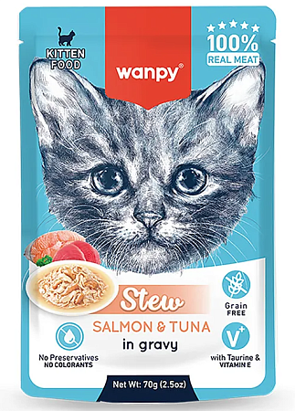 Купить wanpy cat влажный корм для котят нежное рагу из лосося и тунца (пауч)