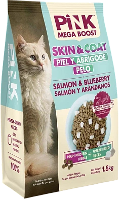 Pink MEGA BOOST "Skin & Coat" сухой корм для кошек всех возрастов, для здоровья кожи и шерсти, Лосось с черникой, 2 гранулы