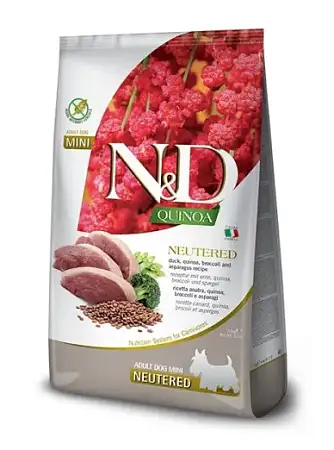 Купить farmina n&d quinoa dog neutered mini сухой беззерновой корм для стерилизованных собак мелких пород с уткой, киноа, брокколи и спаржей
