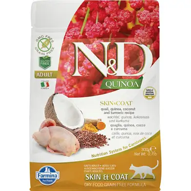 Farmina N&D Quinoa Cat Grain Free Skin & Coat Quail сухой беззерновой корм для взрослых кошек для кожи и шерсти с перепелом и киноа