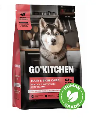 GO'KITCHEN HAIR+SKIN CARE сухой корм для щенков и собак всех возрастов со свежим лососем и овсянкой для кожи и шерсти