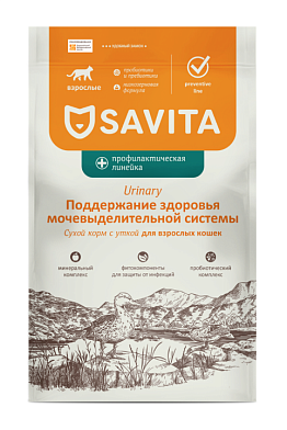 SAVITA PROF URINARY сухой корм для взрослых кошек, поддержание здоровья мочевыделительной системы с уткой