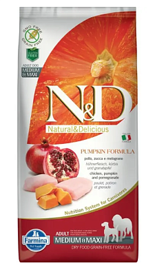 Farmina N&D Pumpkin Dog Grain Free Chicken & Pomegranate Adult Medium & Maxi сухой беззерновой корм для взрослых собак средних и крупных пород с курицей, гранатом и тыквой