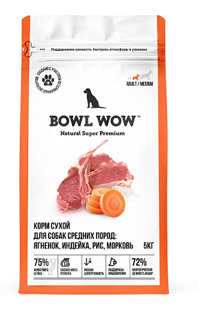 Купить bowl wow сухой полнорационный корм для взрослых собак средних пород с чувствительным пищеварением или склонных к аллергии с ягненком, индейкой, рисом и морковью