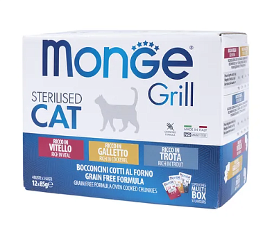 Monge Cat Grill влажный корм для стерилизованных кошек с телятиной, с курицей, с форелью, бокс с паучами