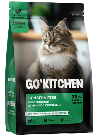 Купить go'kitchen Сухой Беззерновой корм для котят и кошек всех возрастов с ягнёнком для чувствительного пищеварения, sensitivities lamb