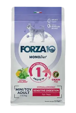 Forza10 MonoDiet Sensitive Digestion Mini&Toy Adult сухой беззерновой, гипоаллергенный корм для взрослых собак мелких пород с чувствительным пищеварением, с рыбой