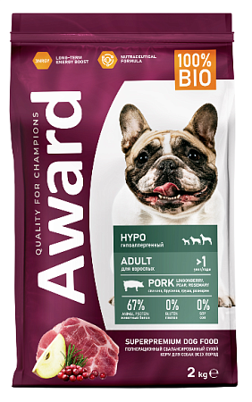 Купить award hypo сухой корм для взрослых собак всех пород со свининой с добавлением брусники, груши и розмарина