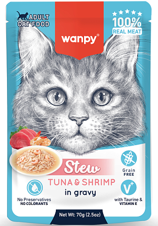 Купить wanpy cat влажный корм для кошек тунец и креветки в собственному соку (пауч)