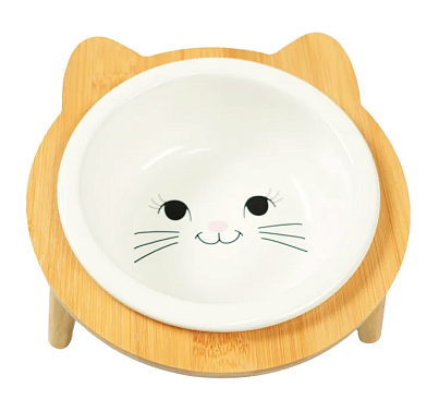 Mr.Kranch Bamboo миска керамическая для кошек на бамбуковой подставке, белая