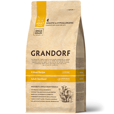 Grandorf сухой низкозерновой корм для стерилизованных кошек с пробиотиками "четыре вида мяса с бурым рисом"